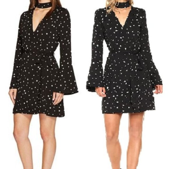 J.O.A. Black Star Print Choker Neck Wrap Dress Size Small Boho Halloween - Picture 1 of 11